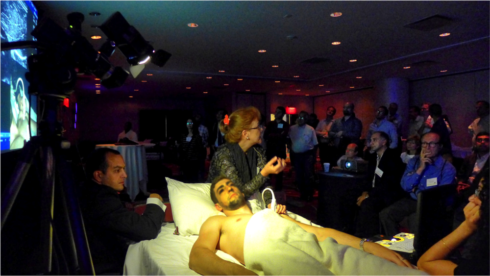 Maria Fernandez-Gomez Mafe demonstrating the technique of seratus anterior and PECs blocks at the 'Instructors Workshop' at 13th NYSORA Symposium.